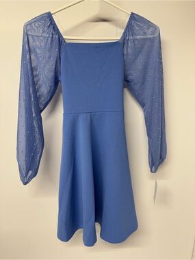 Speechless Periwinkle Square Neck Dress with Sheer Polka Dot Sleeves